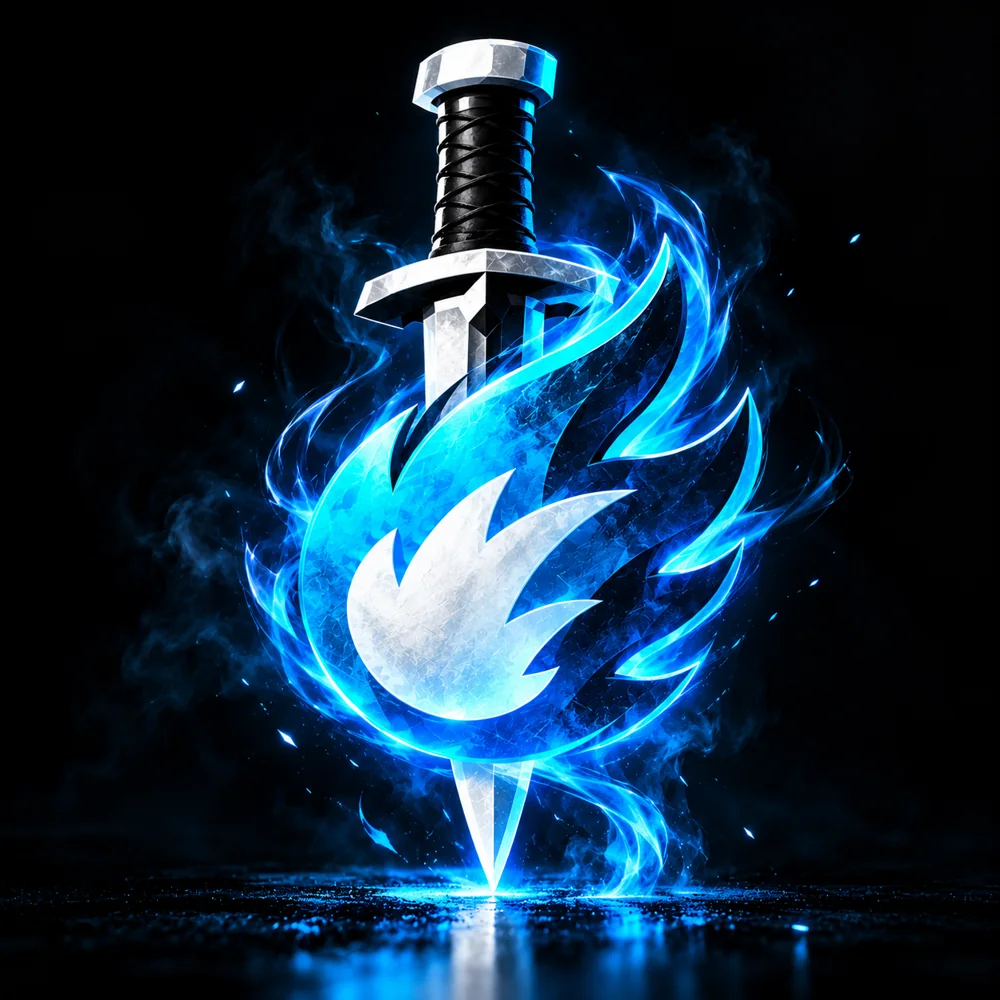 The KULT knife wrapped in a blue flame